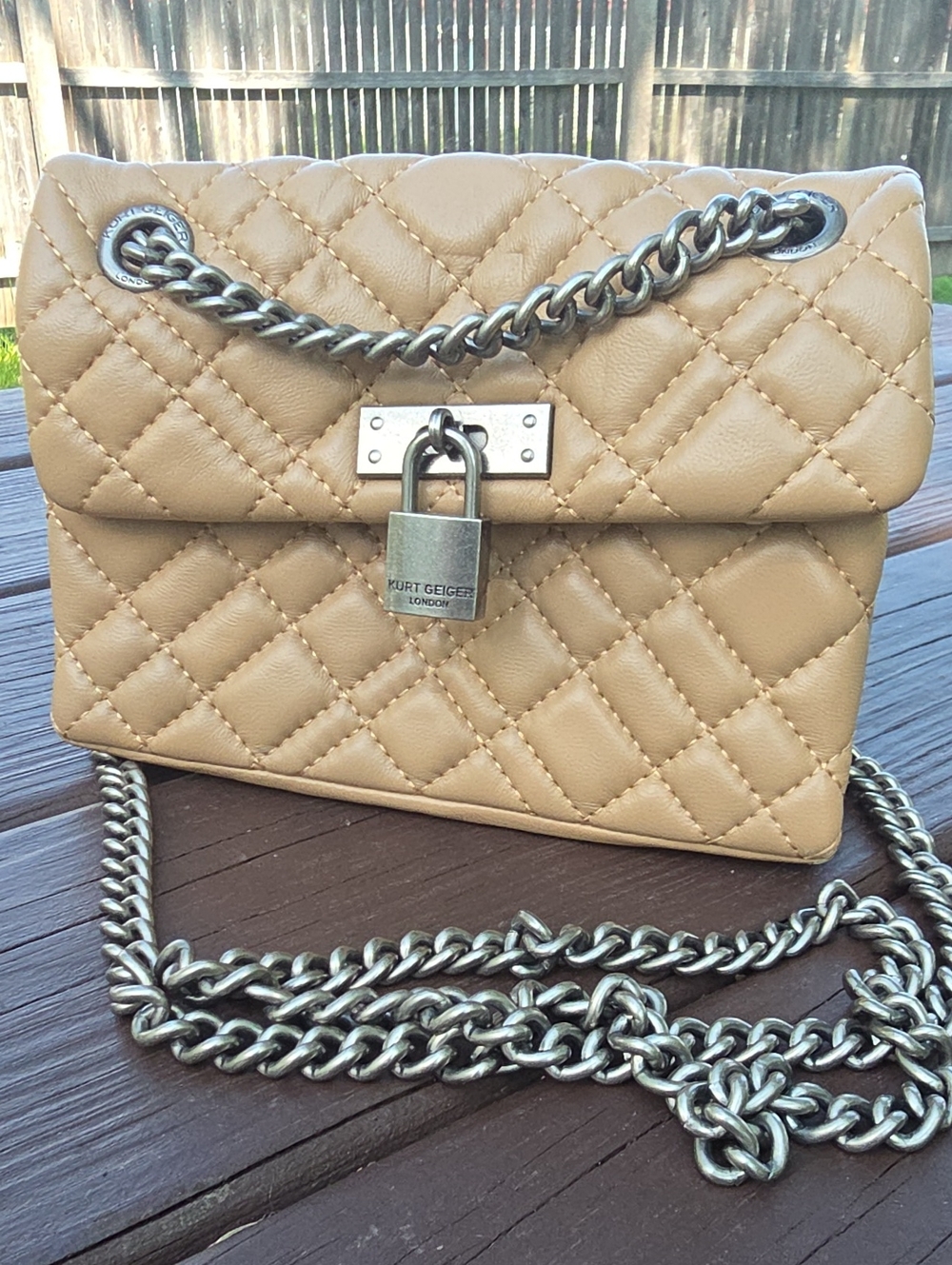 Kurt Geiger Quilted Tan Leather Crossbody with Silver Chain